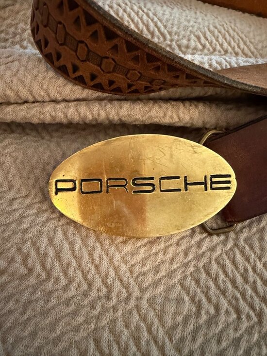 Porsche Mens Belt Brass Buckle Leather Strap Brown Tooled 34-40 inches Vintage